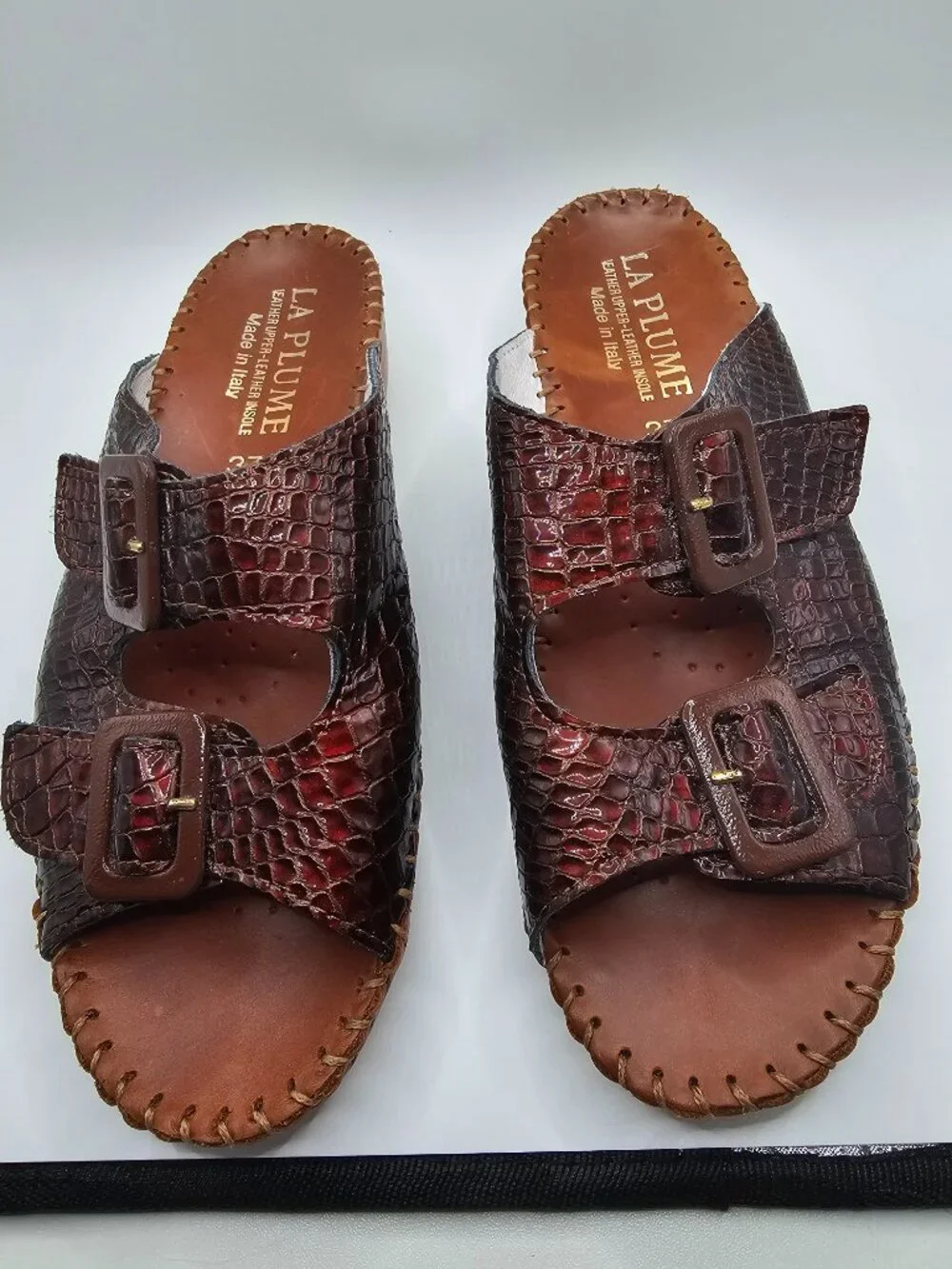 La Plume Burgundy Snake Print Leather Slide Sandals Italian adjustable SZ 6-7 US